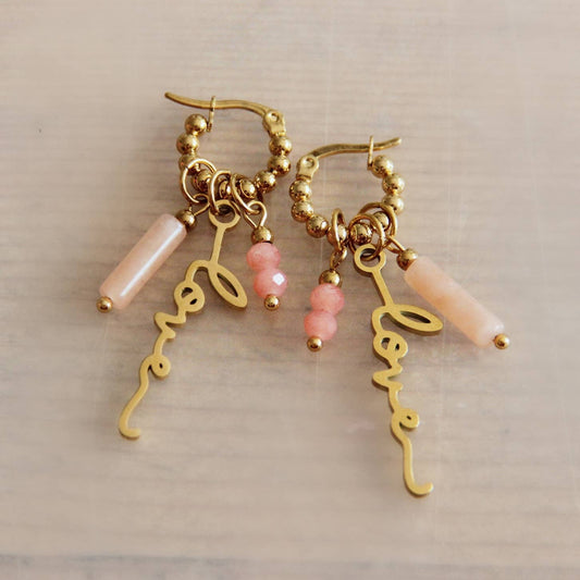 Boucles d'oreilles avec tube, amour et facette, pêche, rose, or